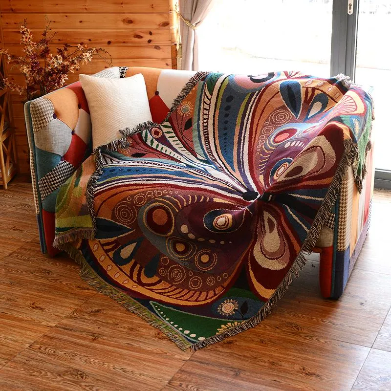 Versatile Colorful Jacquard Butterfly Tassel Cotton Throw Blanket