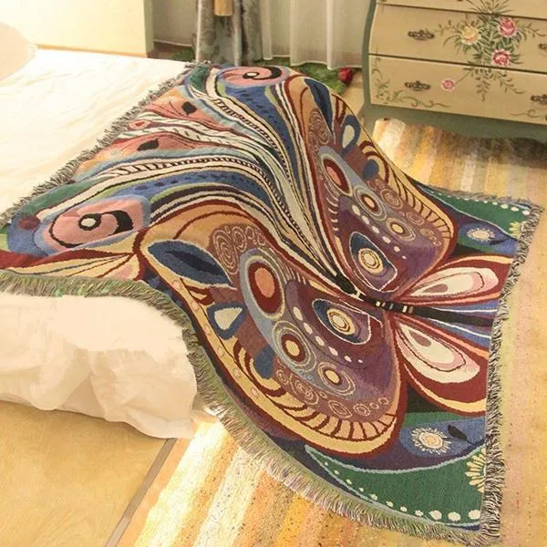 Versatile Colorful Jacquard Butterfly Tassel Cotton Throw Blanket