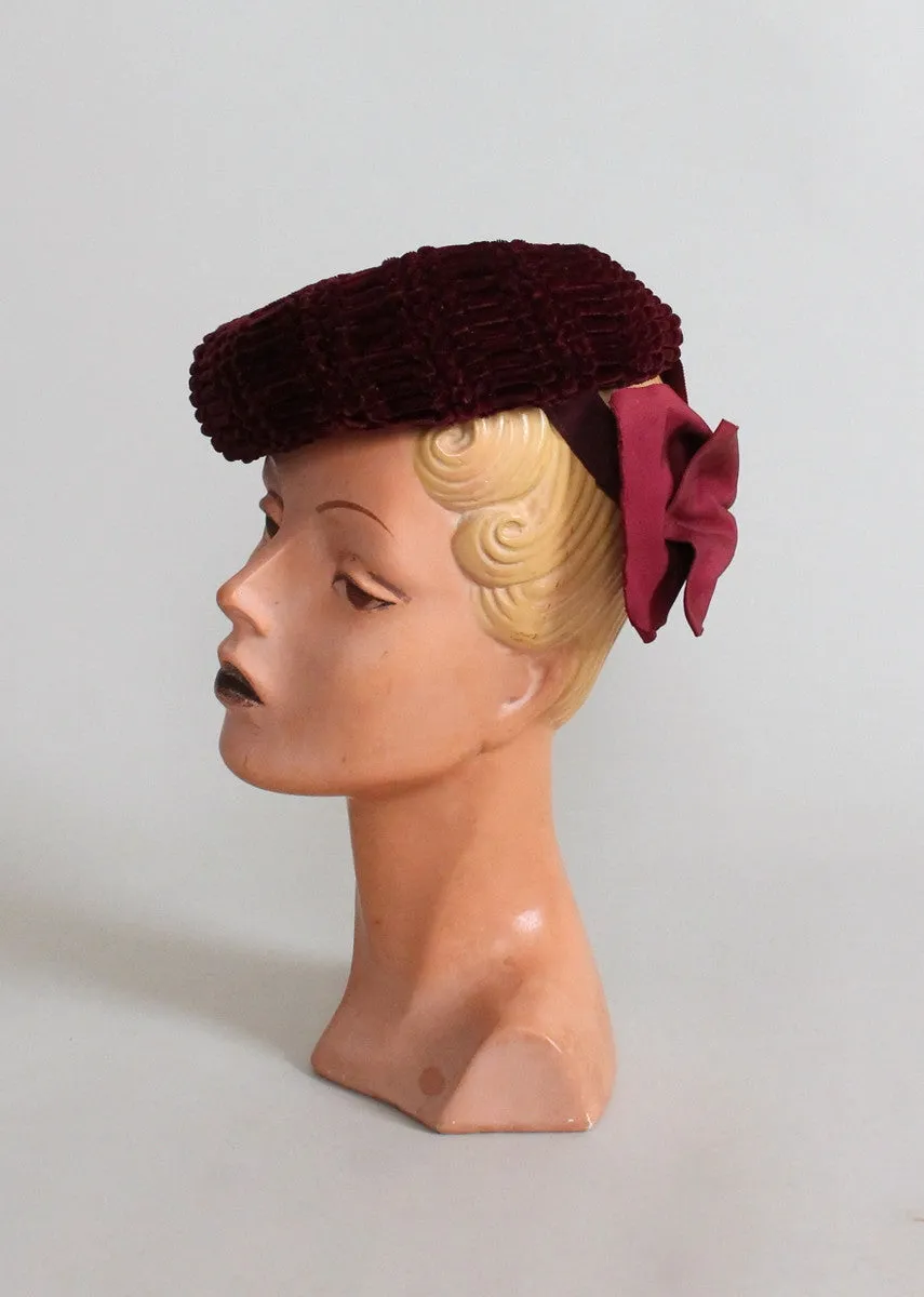 Vintage 1940s Burgundy Velvet Winter Tilt Hat