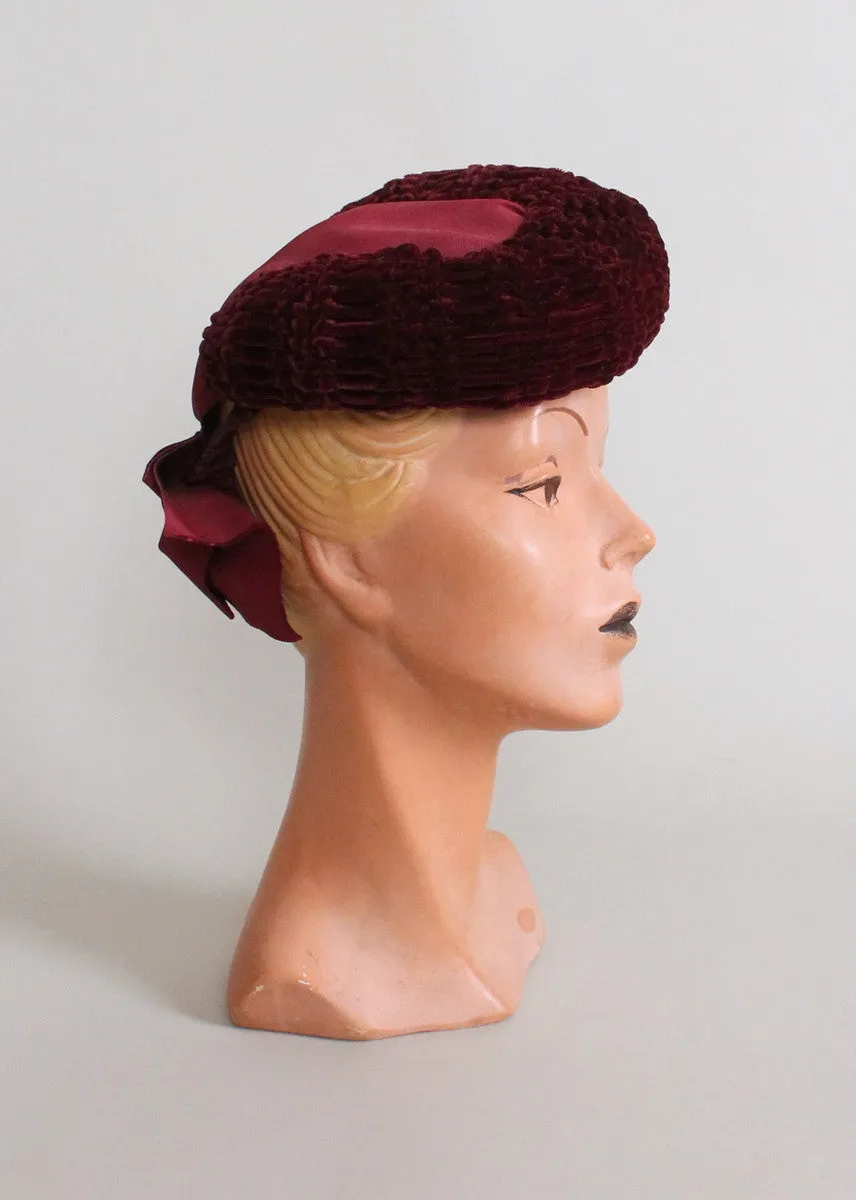 Vintage 1940s Burgundy Velvet Winter Tilt Hat