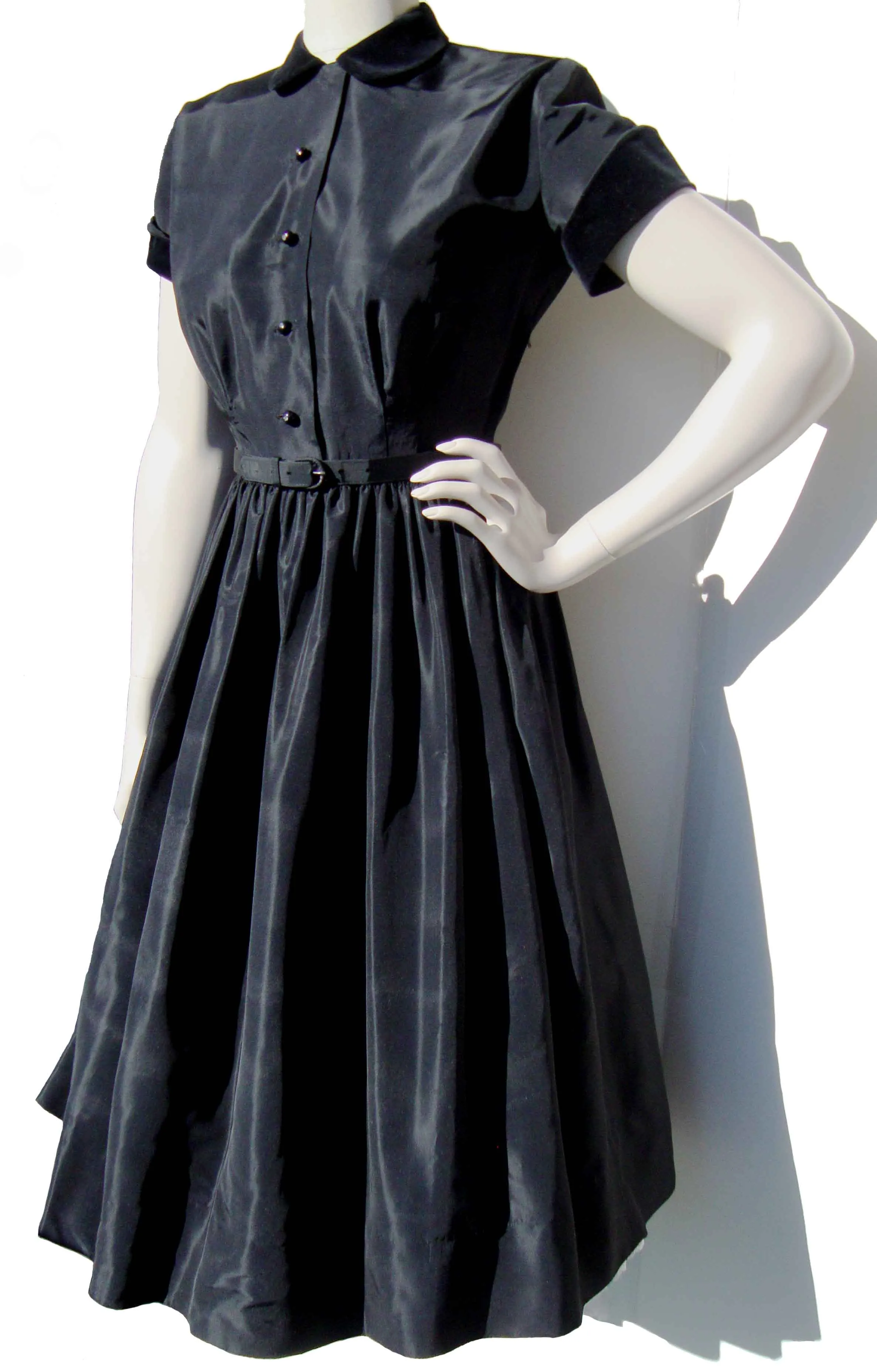 Vintage 50s Dress Black Rayon Velvet Trim & Full Skirt M