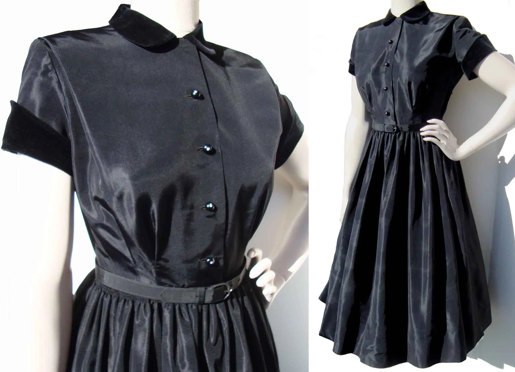 Vintage 50s Dress Black Rayon Velvet Trim & Full Skirt M