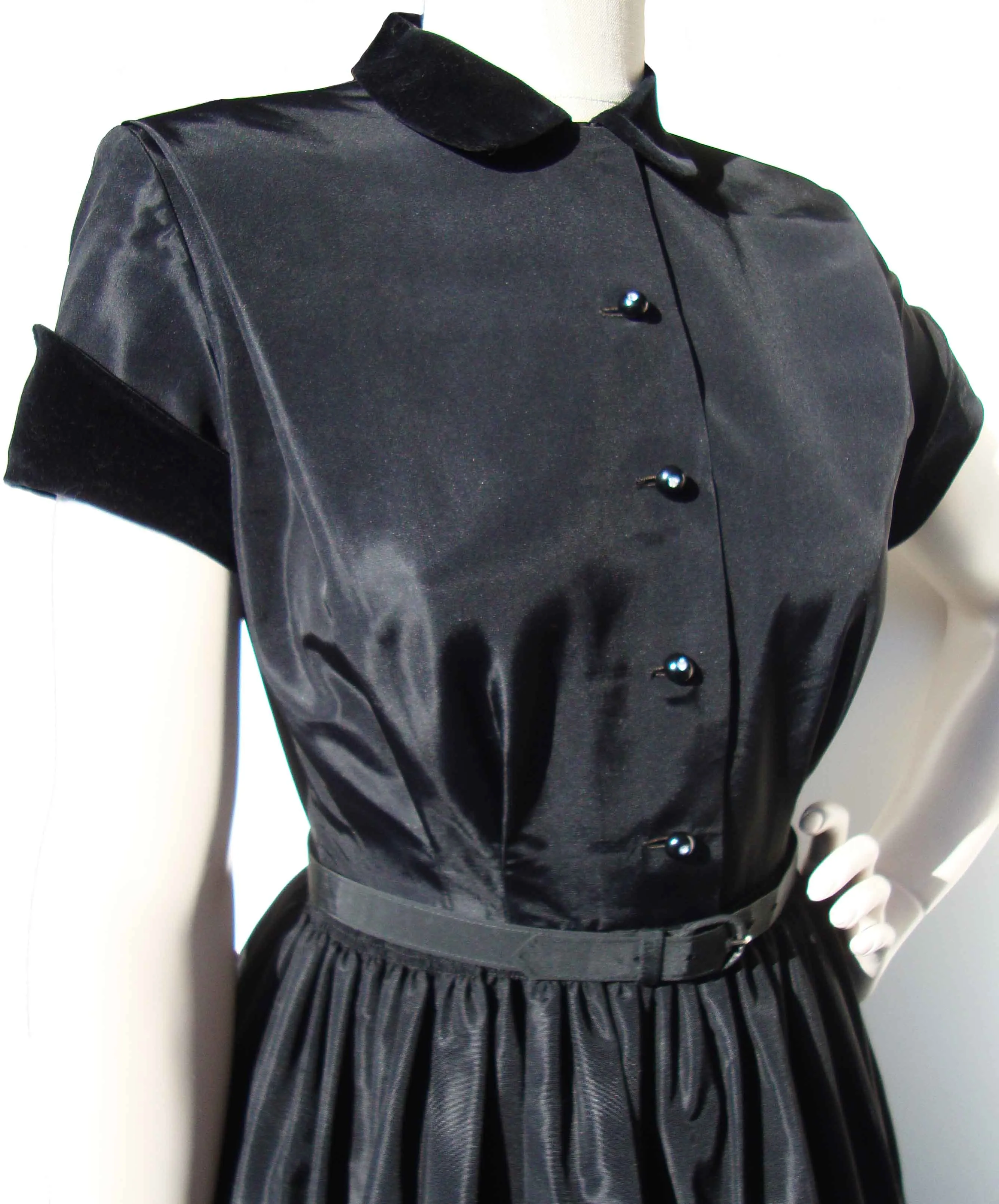 Vintage 50s Dress Black Rayon Velvet Trim & Full Skirt M