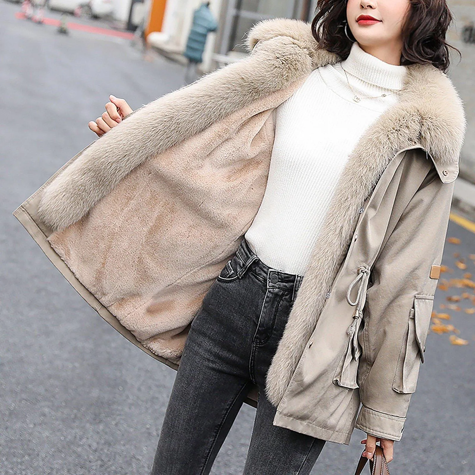 Winter Fox Fur Collar Utility Coat