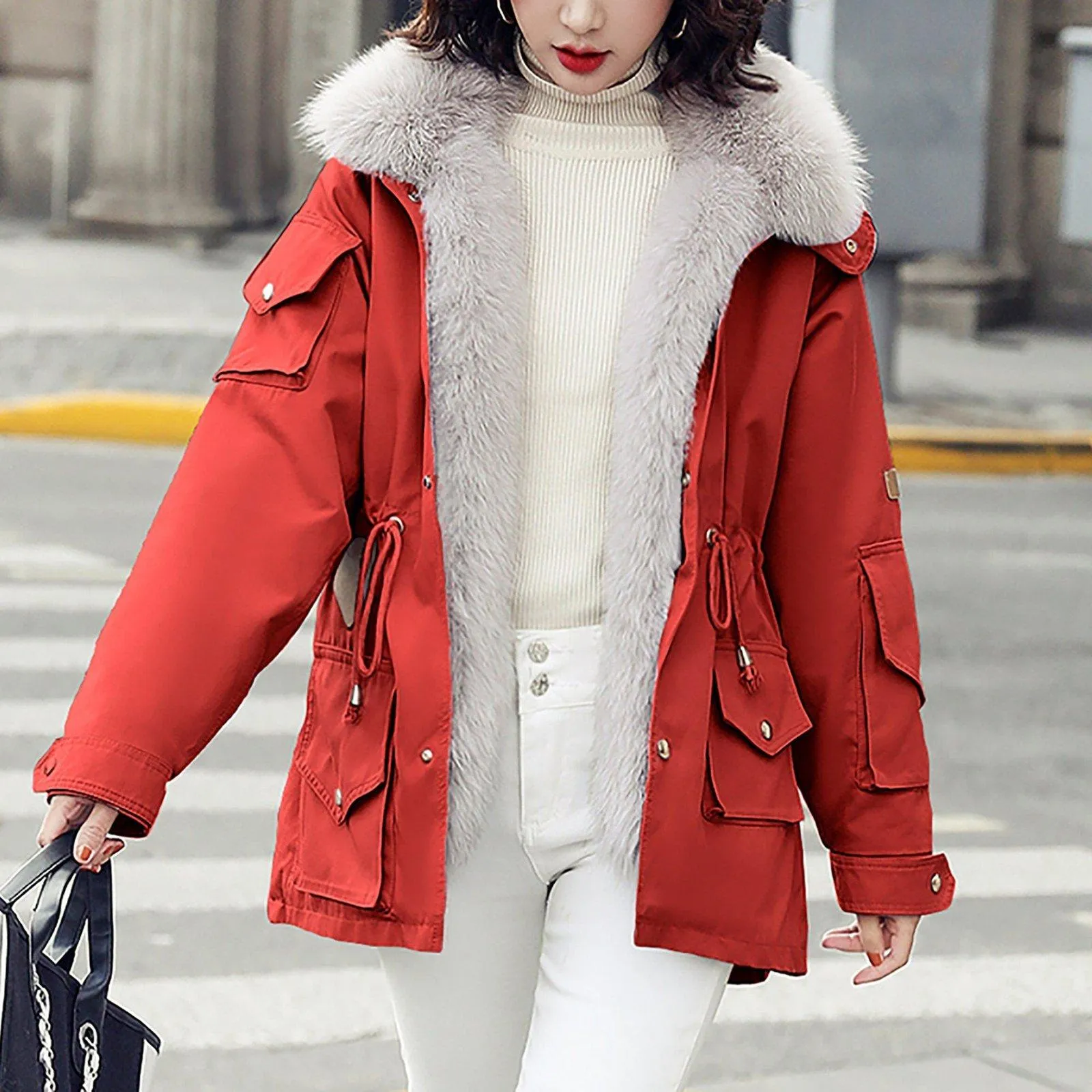 Winter Fox Fur Collar Utility Coat