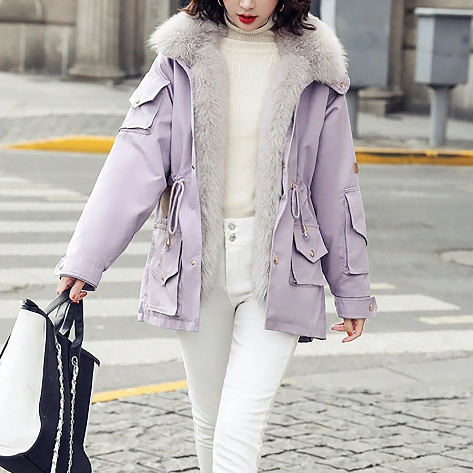 Winter Fox Fur Collar Utility Coat