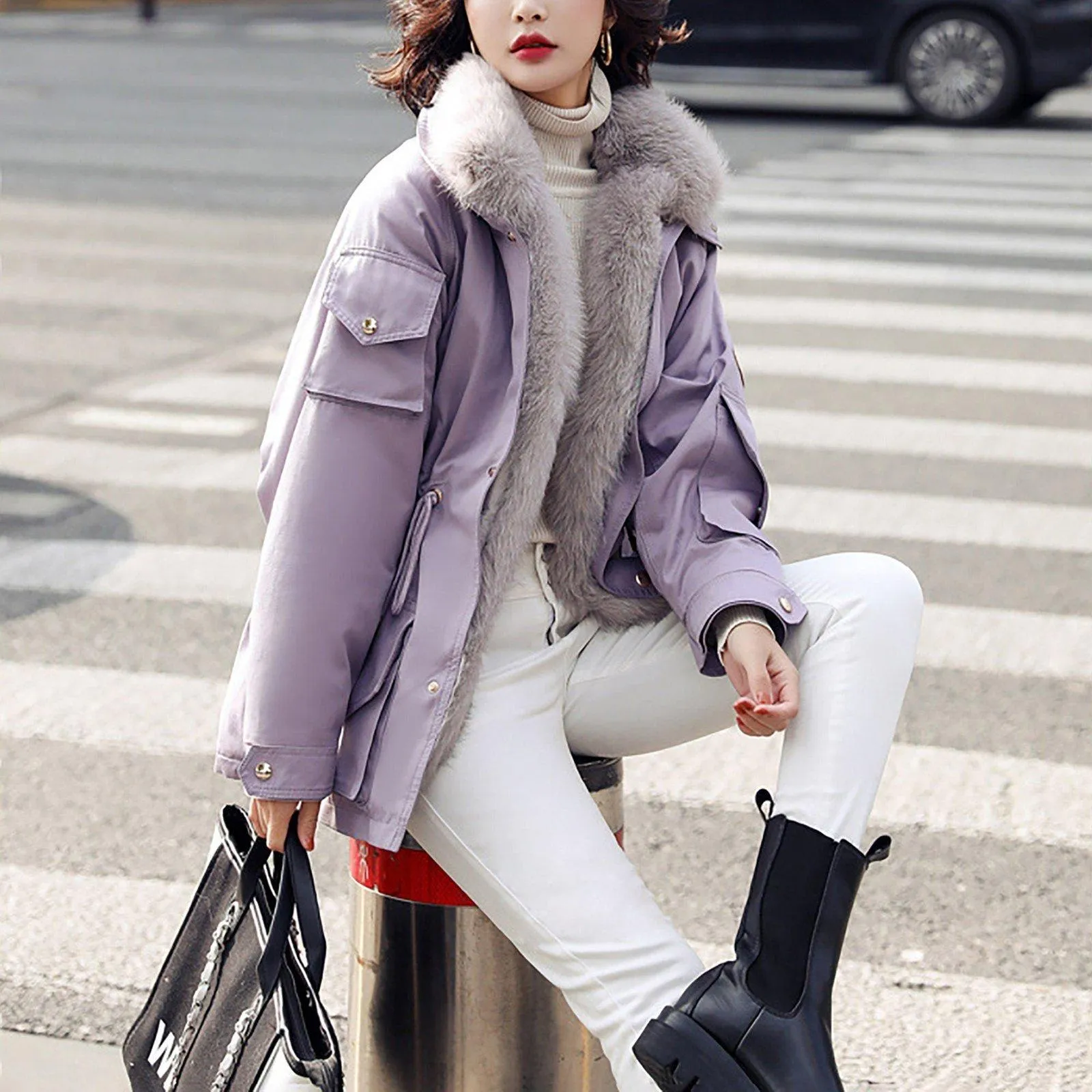 Winter Fox Fur Collar Utility Coat