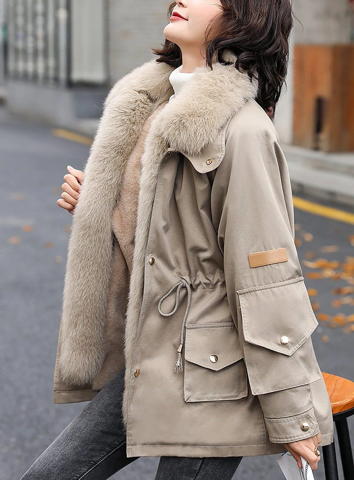 Winter Fox Fur Collar Utility Coat