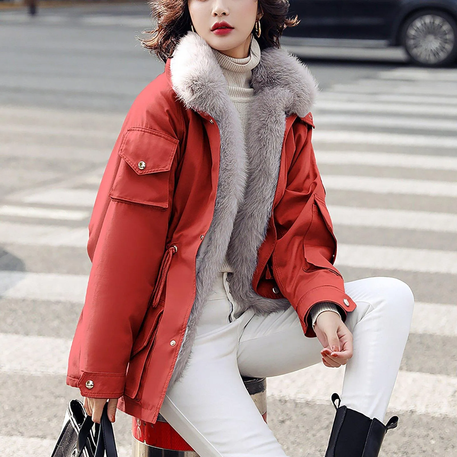 Winter Fox Fur Collar Utility Coat