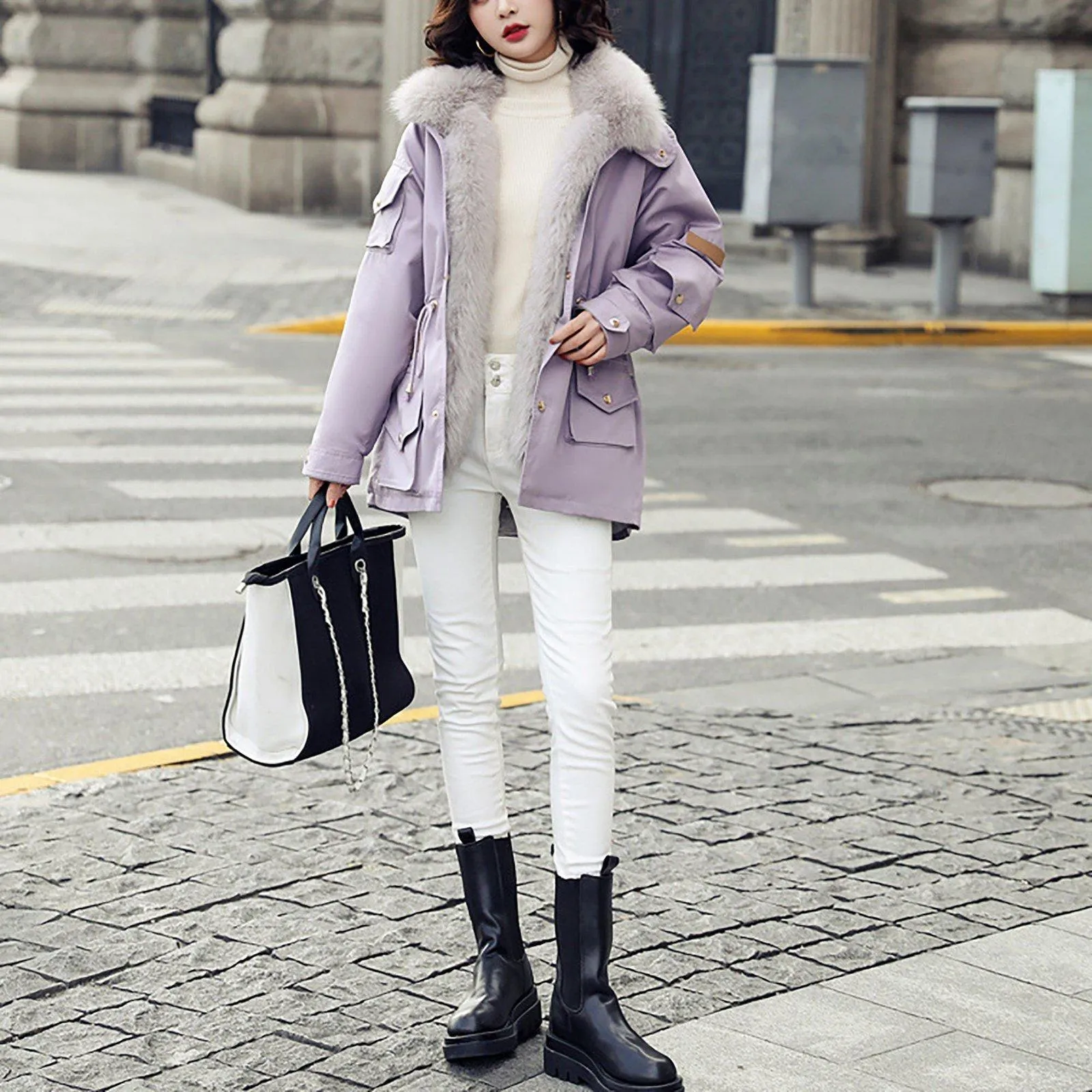 Winter Fox Fur Collar Utility Coat