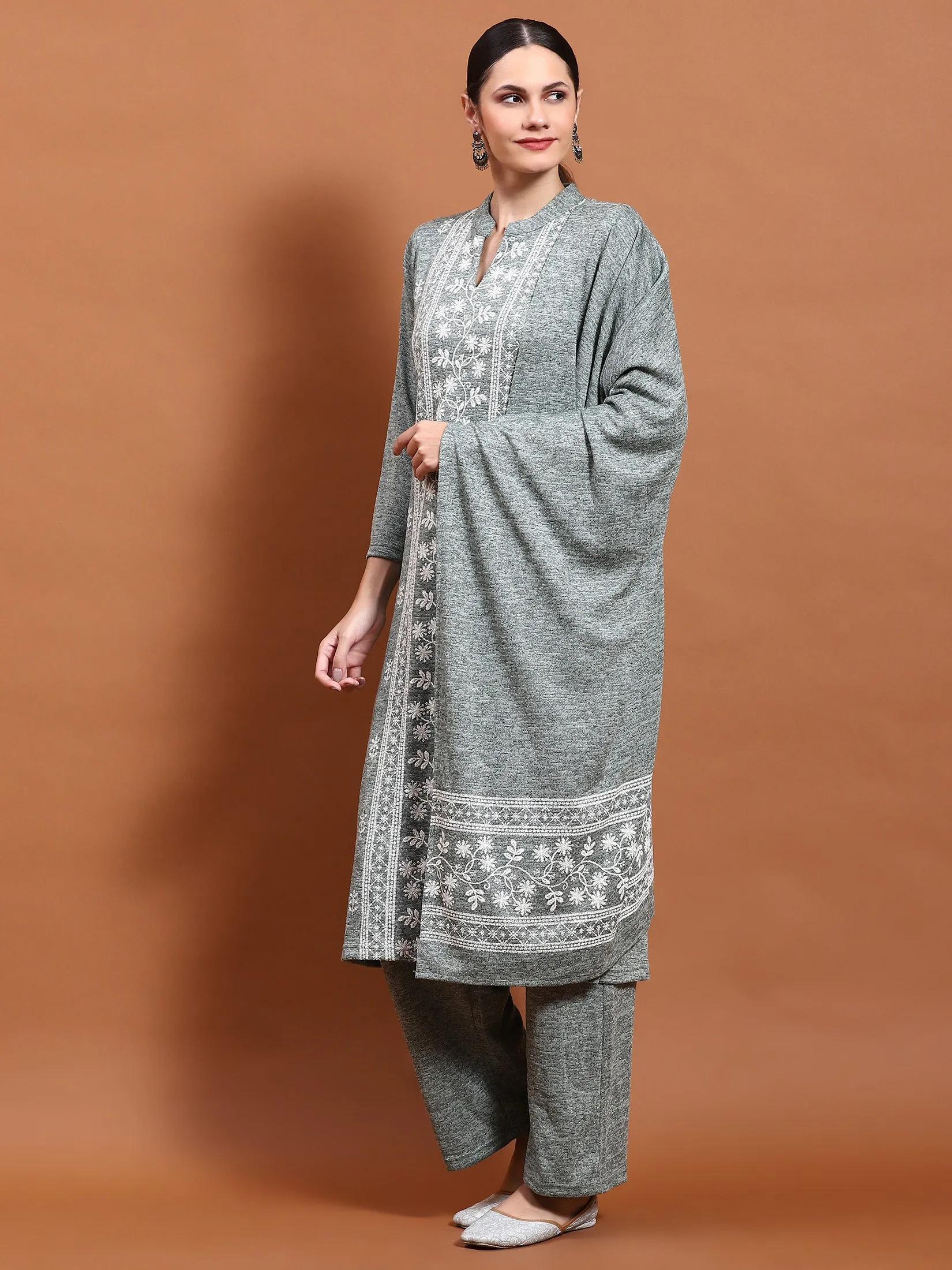 Winter Women Green Printed Kurta Bottom Dupatta