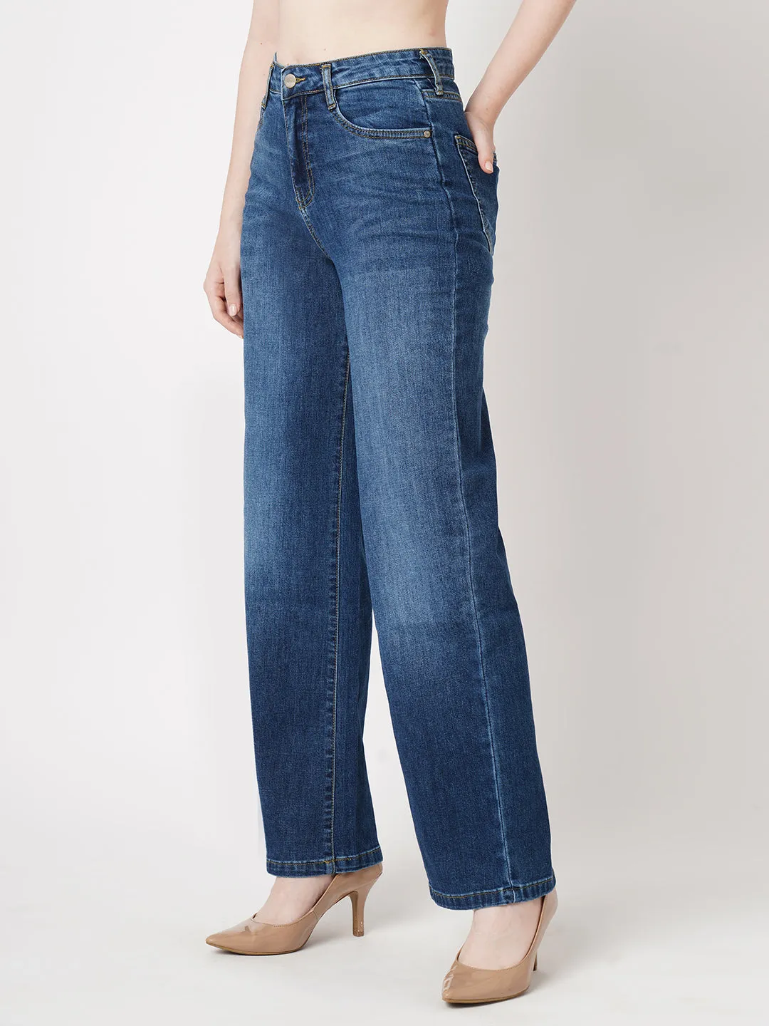 Women Blue High-Rise Loose Straight Jeans