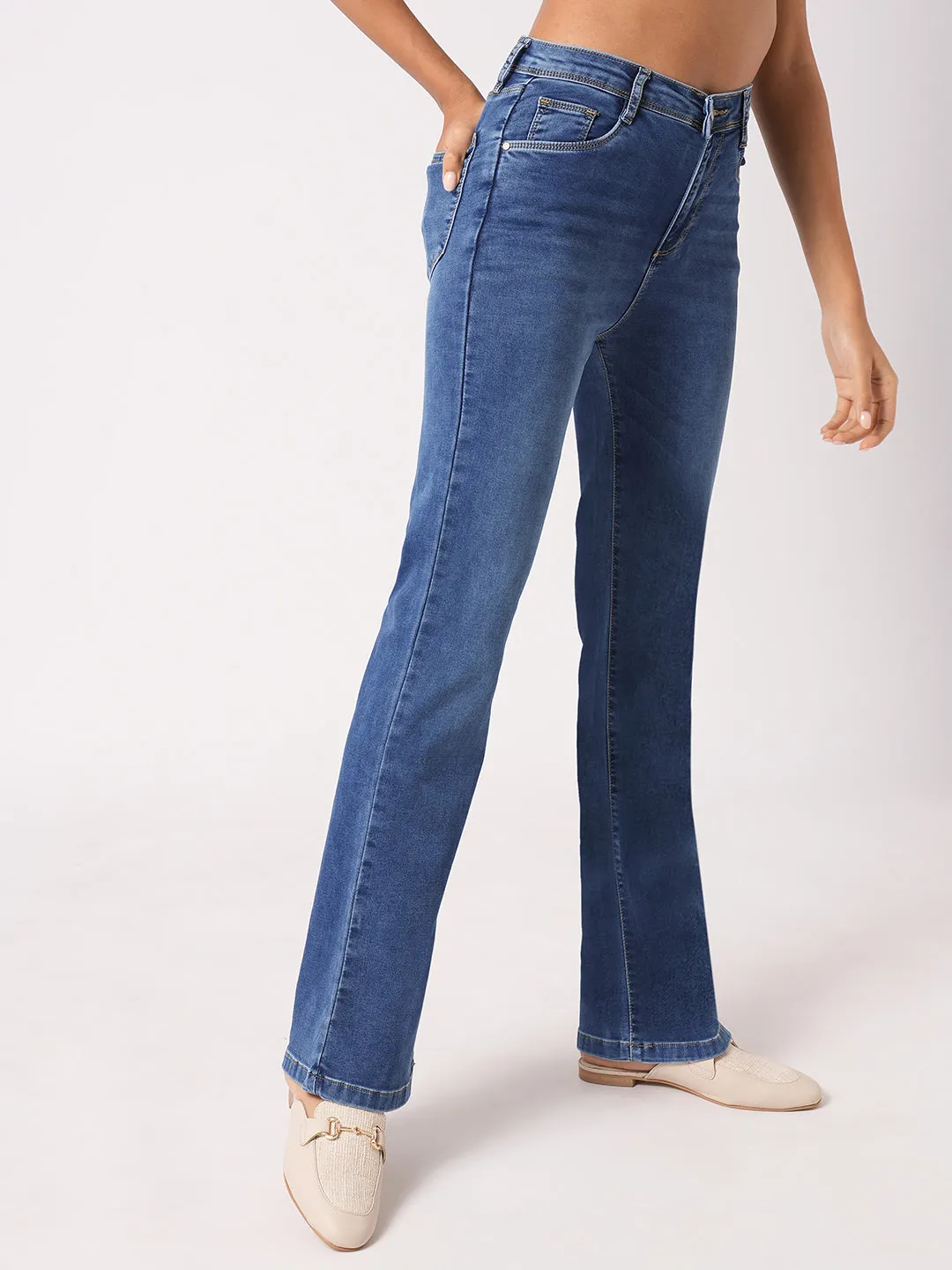 Women Blue High-Rise Mini Flare Jeans