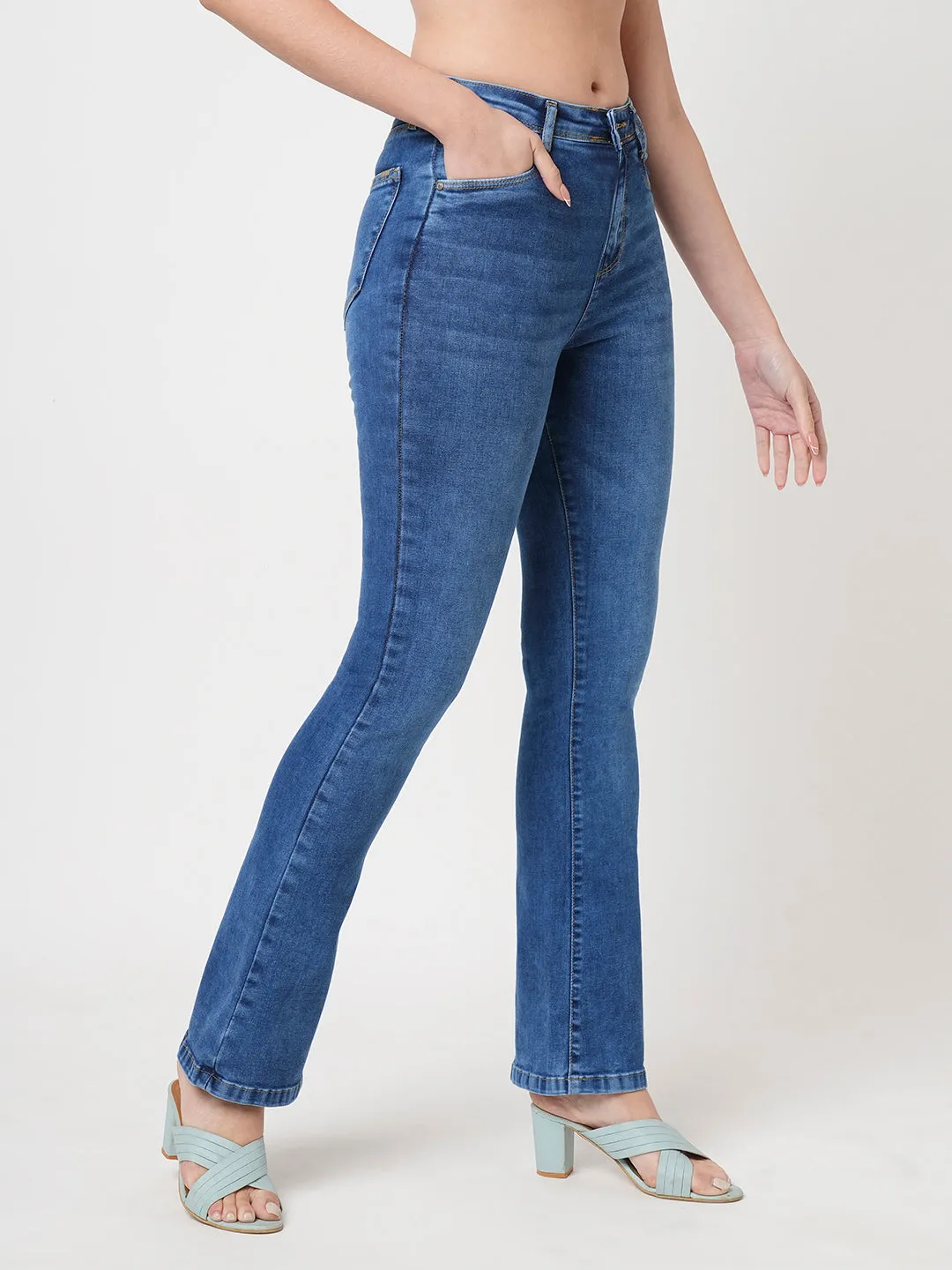 Women Blue High-Rise Mini Flare Jeans