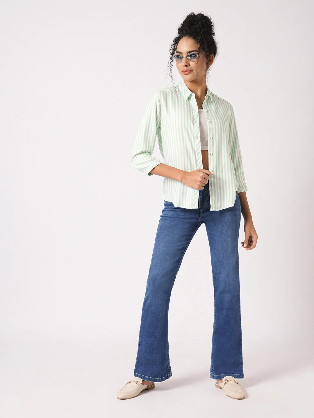 Women Blue High-Rise Mini Flare Jeans