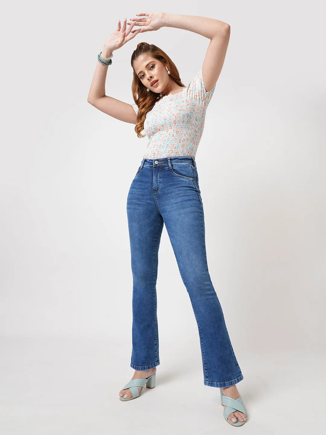 Women Blue High-Rise Mini Flare Jeans