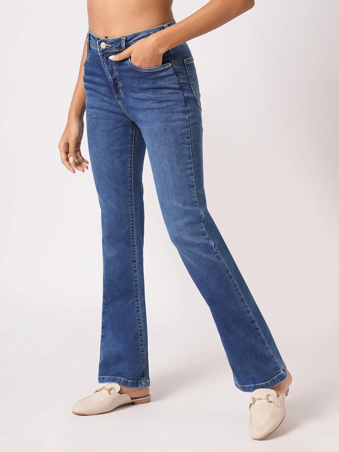 Women Blue High-Rise Mini Flare Jeans