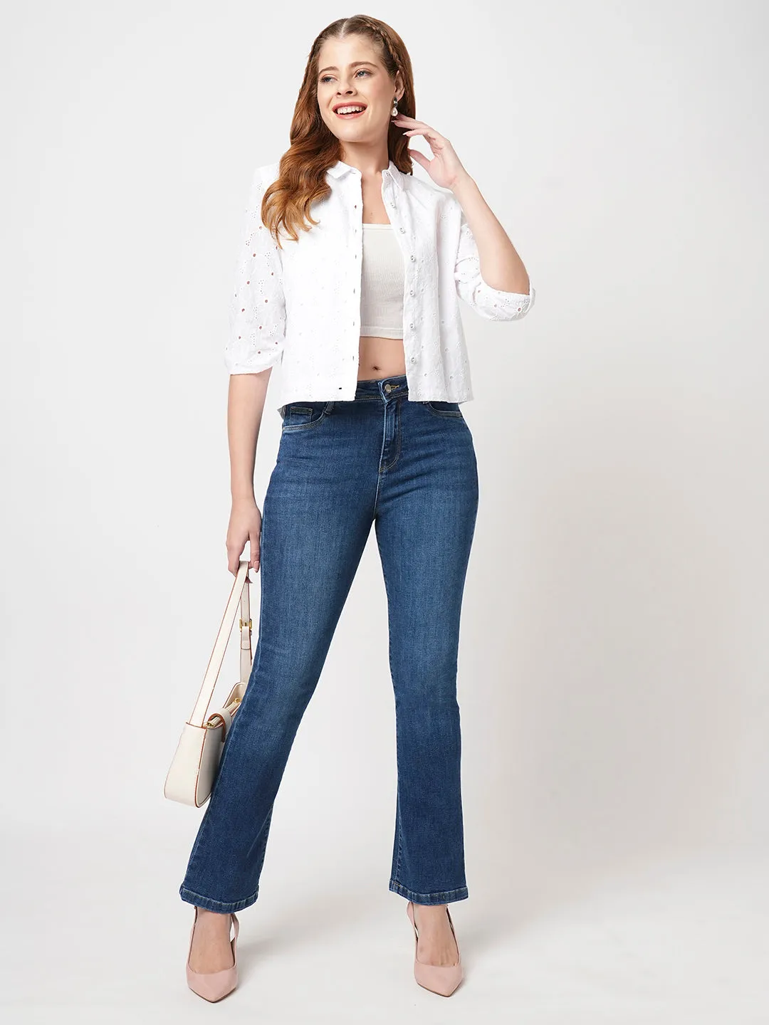 Women Blue High-Rise Mini Flare Jeans