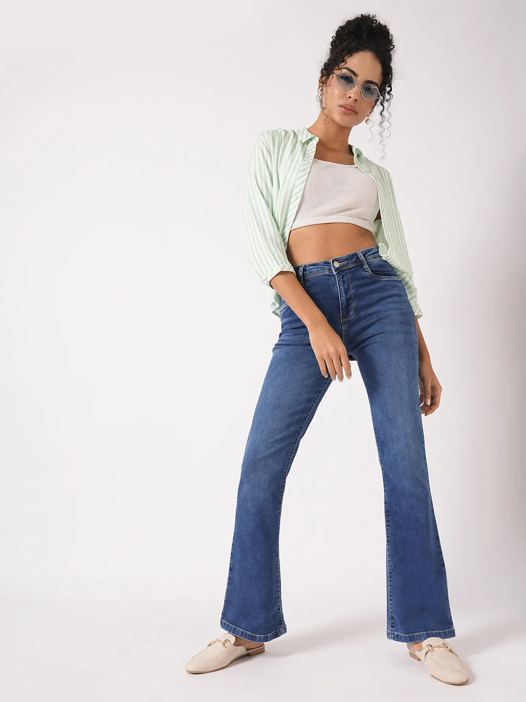 Women Blue High-Rise Mini Flare Jeans