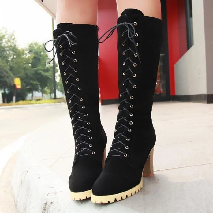 Women knee high chunky heel lace up boots