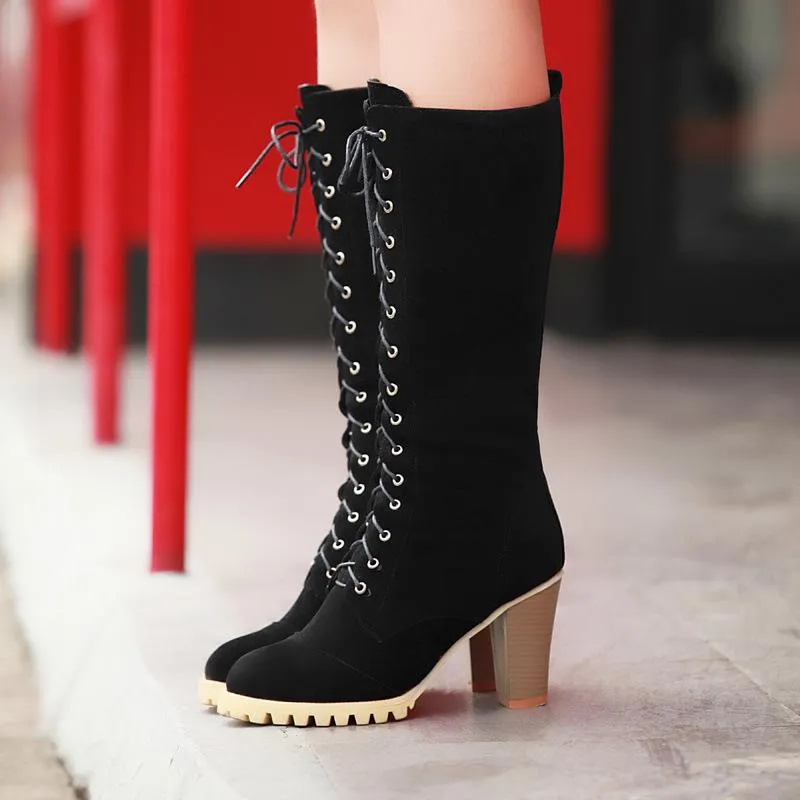 Women knee high chunky heel lace up boots