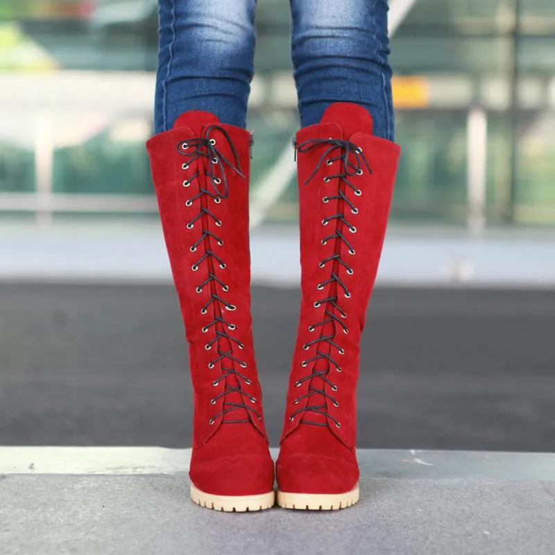 Women knee high chunky heel lace up boots