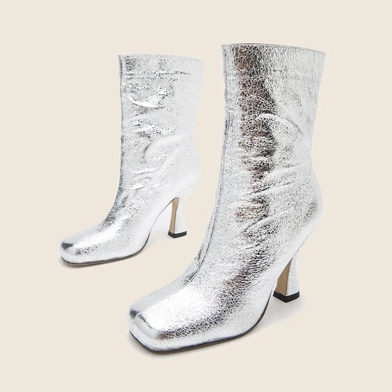 Women mid calf sequin stiletto high heel square toed boots