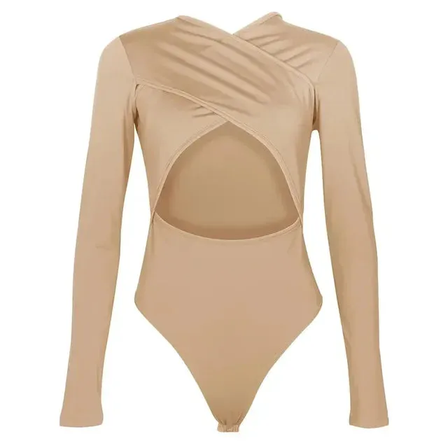 Women Sexy Criss Cross Bust Long Sleeve Bodysuit