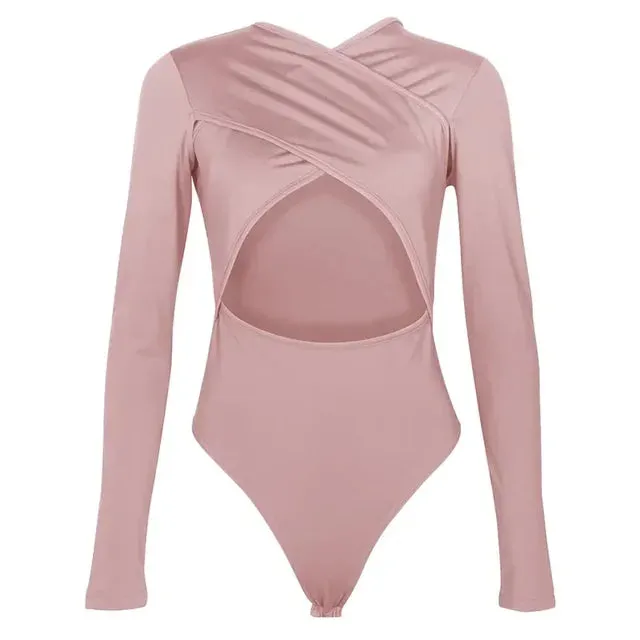 Women Sexy Criss Cross Bust Long Sleeve Bodysuit