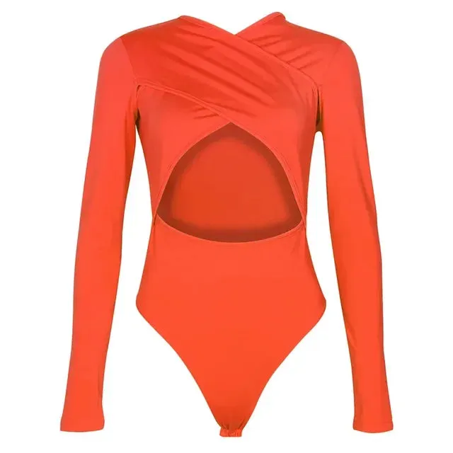 Women Sexy Criss Cross Bust Long Sleeve Bodysuit