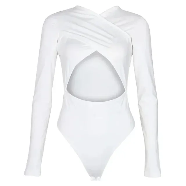 Women Sexy Criss Cross Bust Long Sleeve Bodysuit