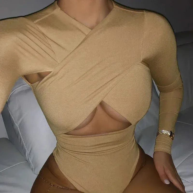 Women Sexy Criss Cross Bust Long Sleeve Bodysuit