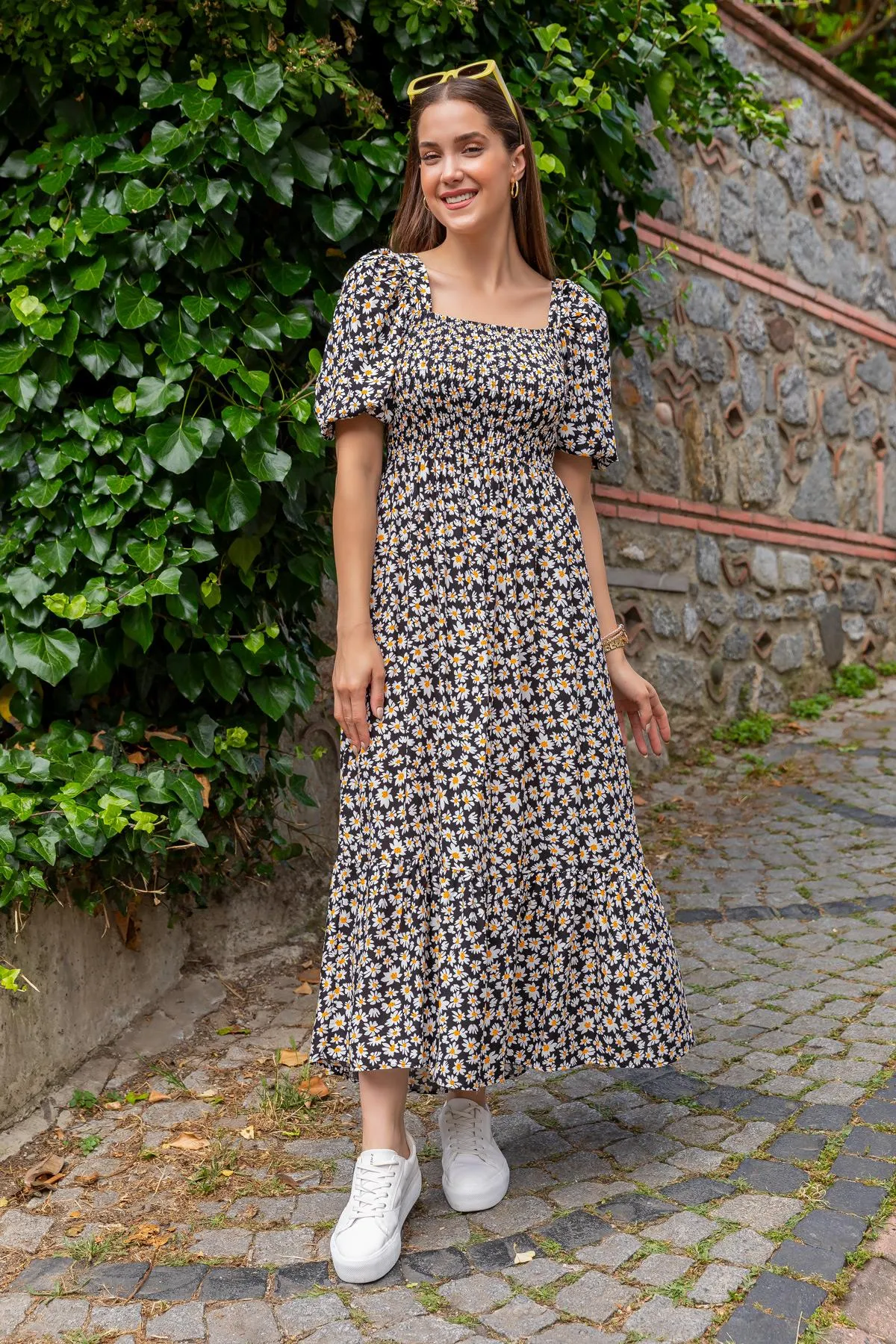 Women Square Neck Smoking Maxi Dress