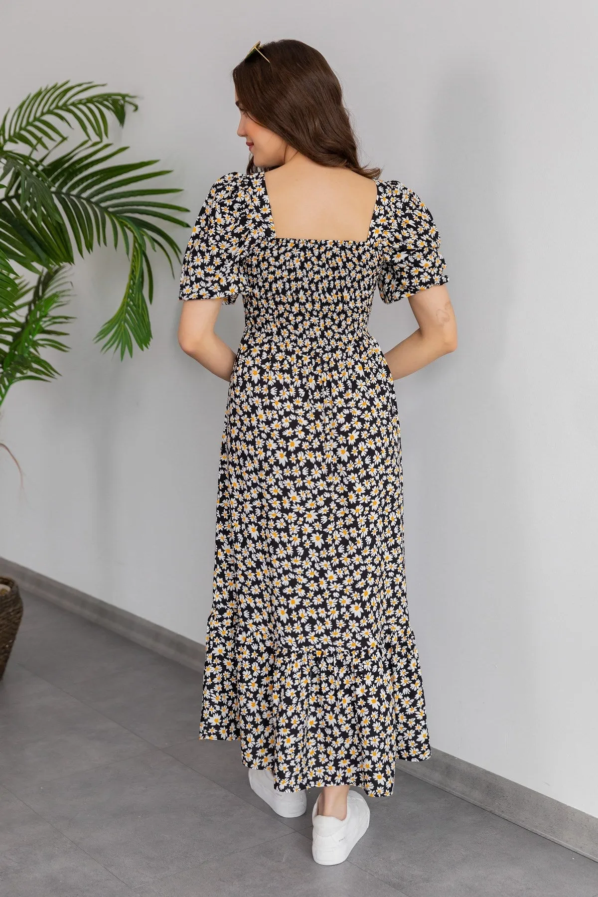 Women Square Neck Smoking Maxi Dress