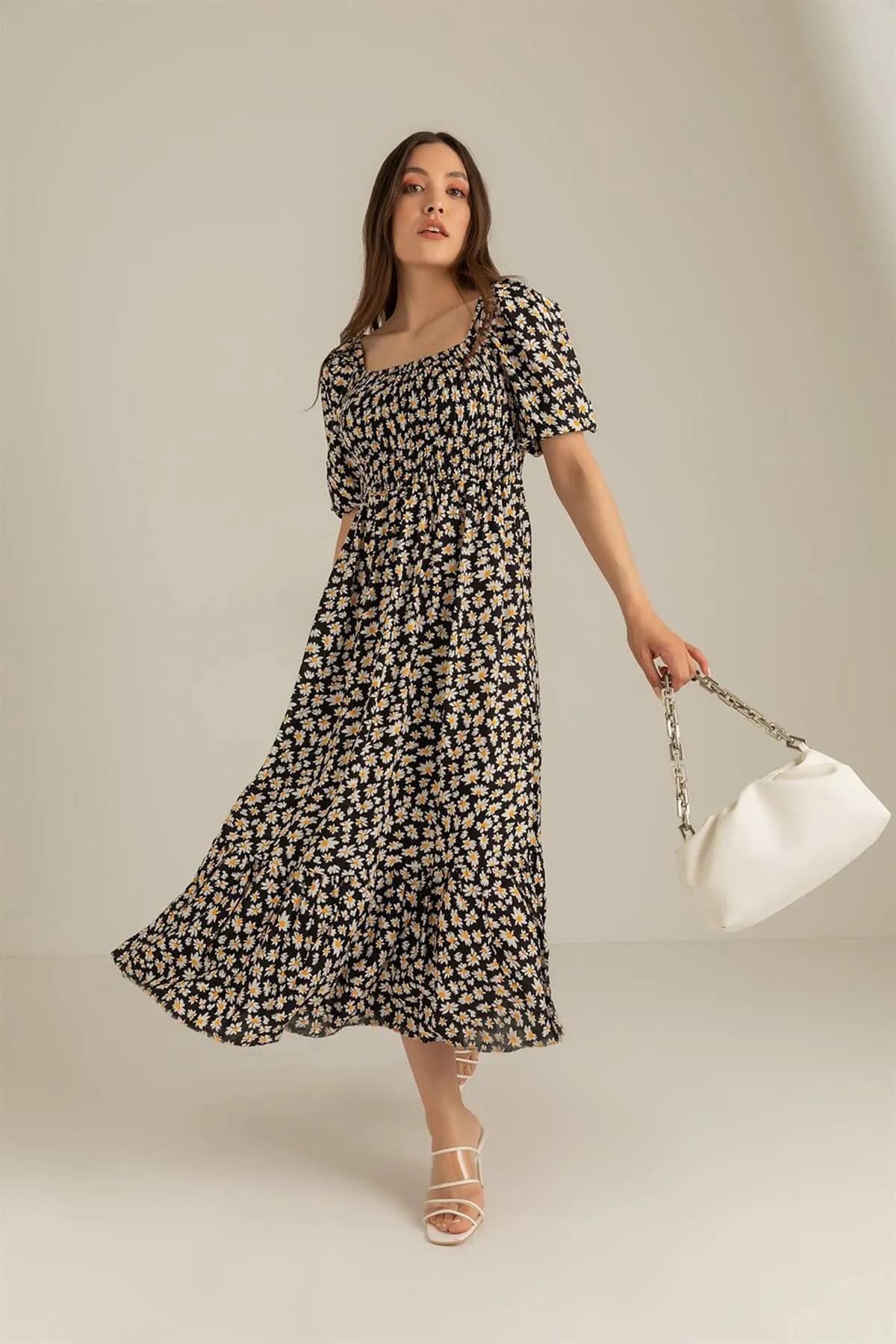 Women Square Neck Smoking Maxi Dress