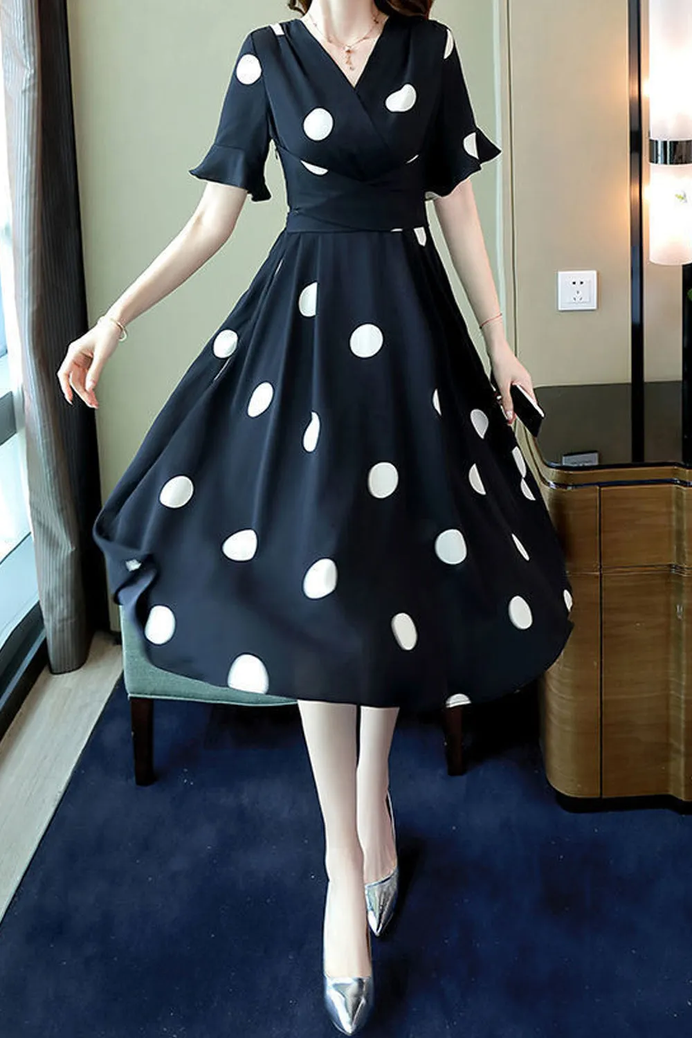 Women Ventilated Mid Length Summer Short Sleeve Outing Polka Dotted Dress - WDC60141