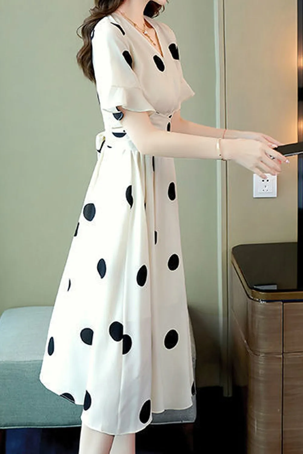 Women Ventilated Mid Length Summer Short Sleeve Outing Polka Dotted Dress - WDC60141