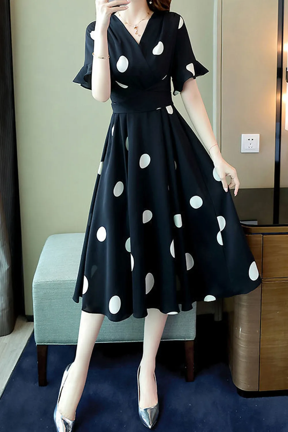 Women Ventilated Mid Length Summer Short Sleeve Outing Polka Dotted Dress - WDC60141