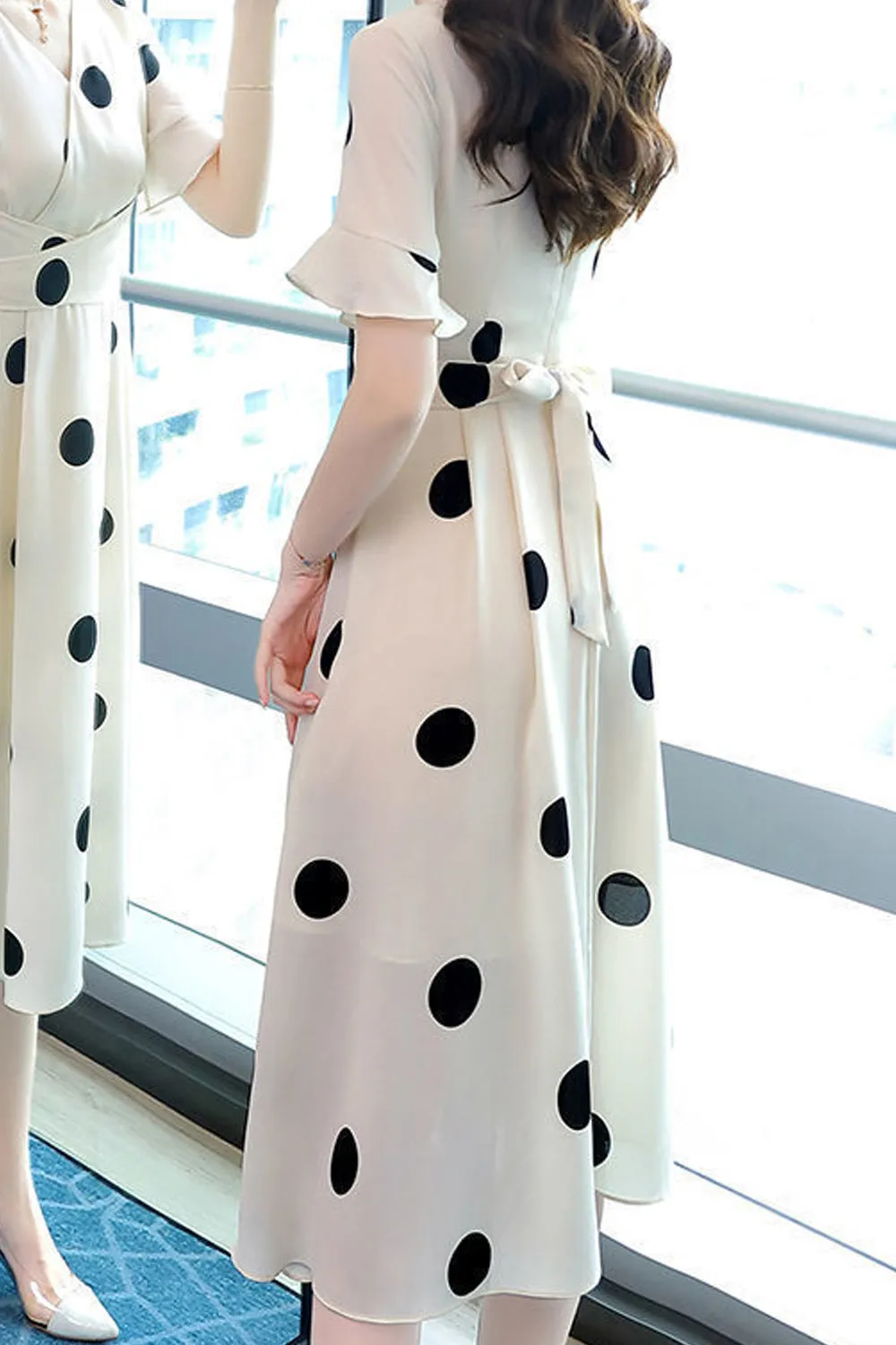 Women Ventilated Mid Length Summer Short Sleeve Outing Polka Dotted Dress - WDC60141