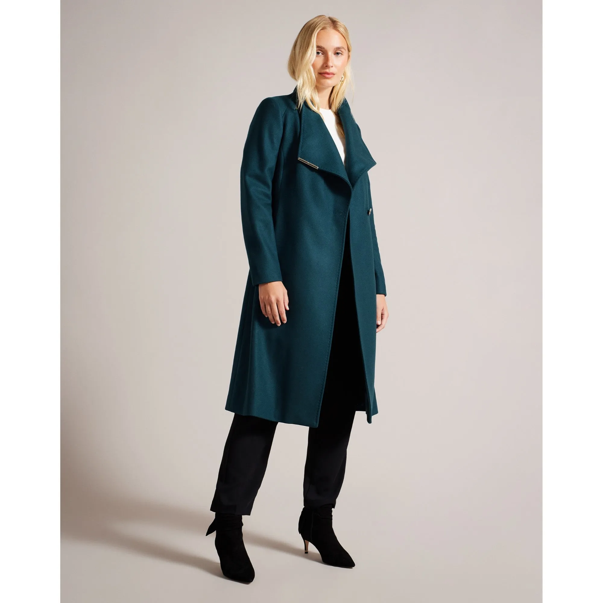 Women Wmj-Rose-Mid Length Wool Wrap Coat - Teal-Blue