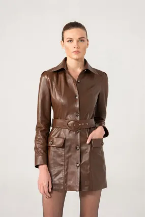 Women’s Chocolate Brown Sheepskin Leather Trucker Trench Coat