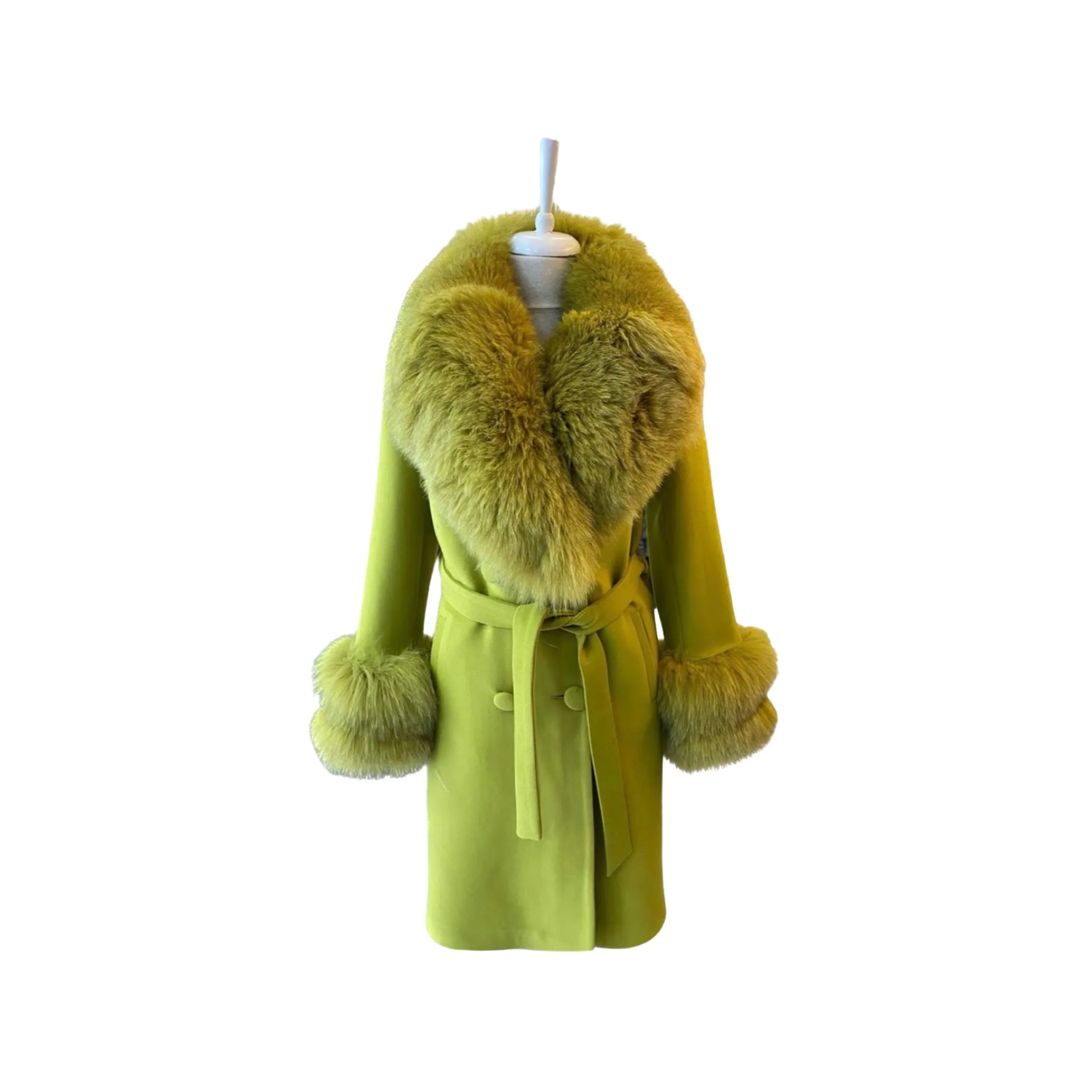 Women's LIME GREEN Wool Coat with detachable Fox Collar and Cuffs  Trimmed Hood Style # K-10