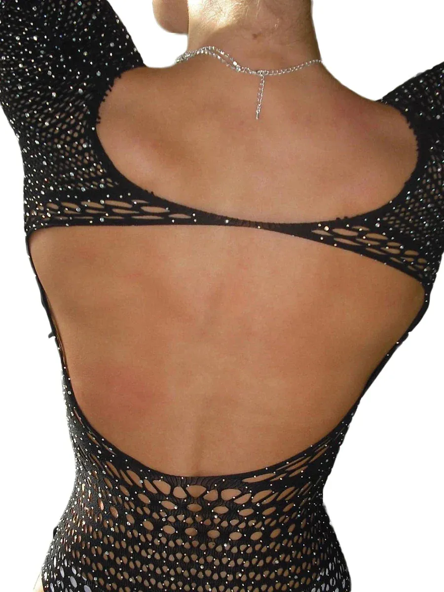 Women's Mesh Long Sleeve See Through Rhineston Bodysuit