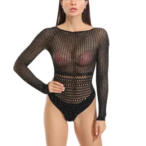 Women's Mesh Long Sleeve See Through Rhineston Bodysuit