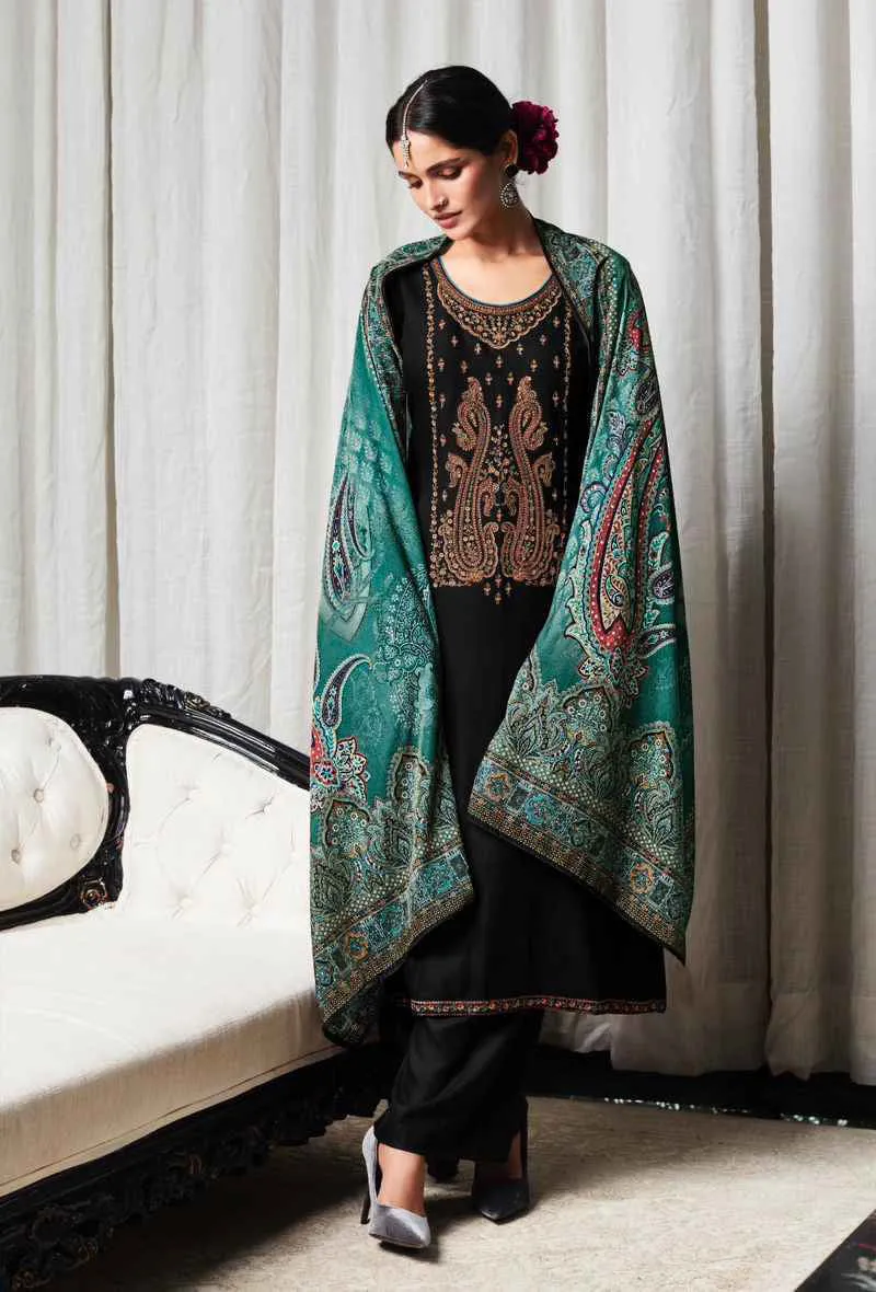 Women's Pashmina Black Unstitched Winter Suit with Velvet Dupatta