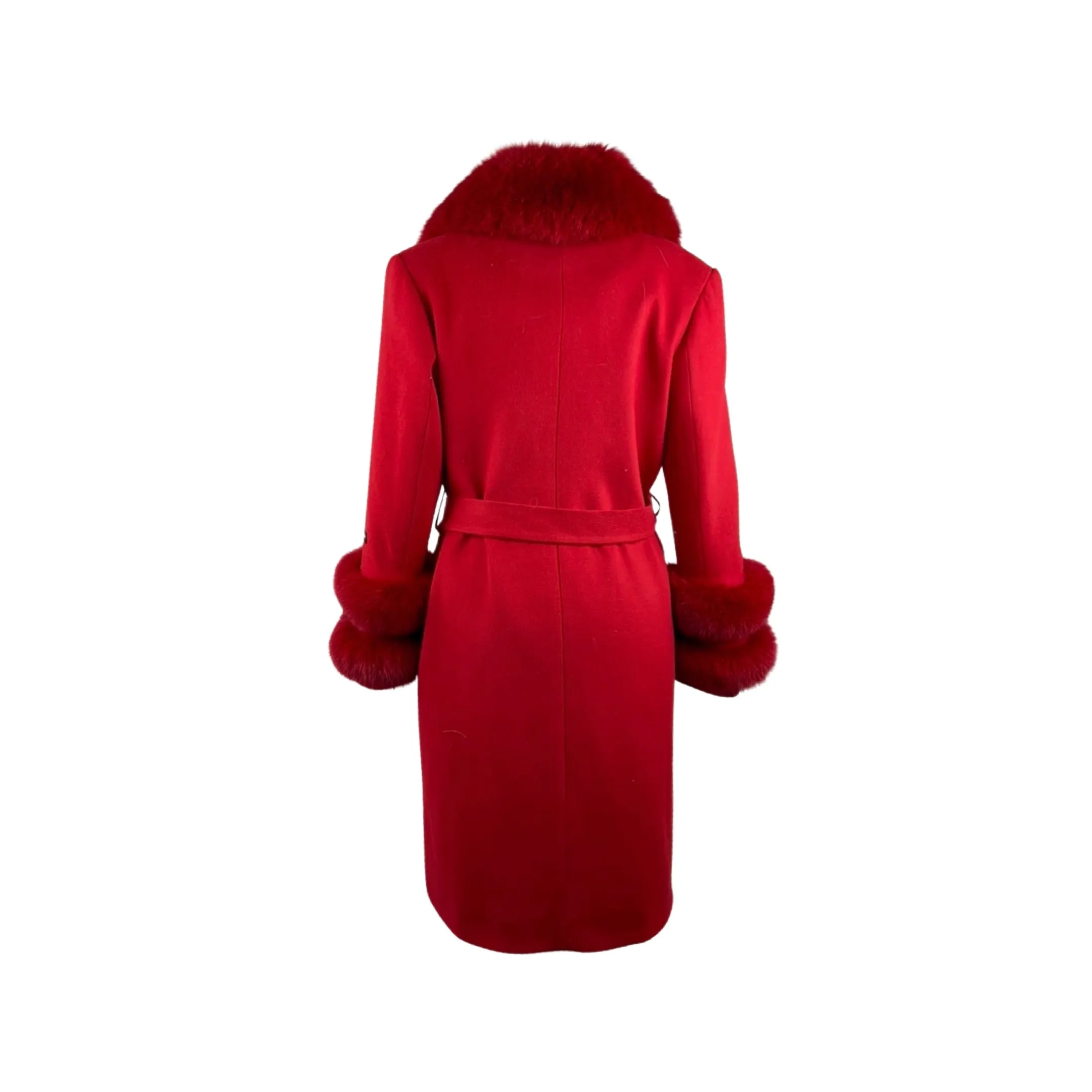 Women's RED Wool Coat with detachable Fox Collar and Cuffs  Trimmed Hood Style # K-10