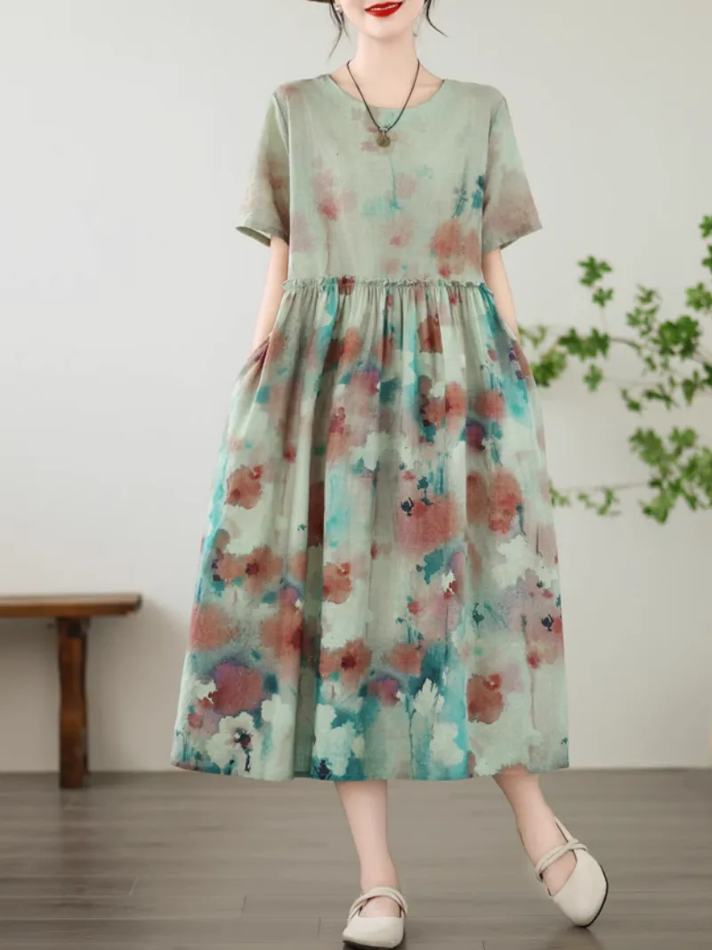 Women's Stylish and Versatile  Printed Mid-Length Loose A-Line Dress