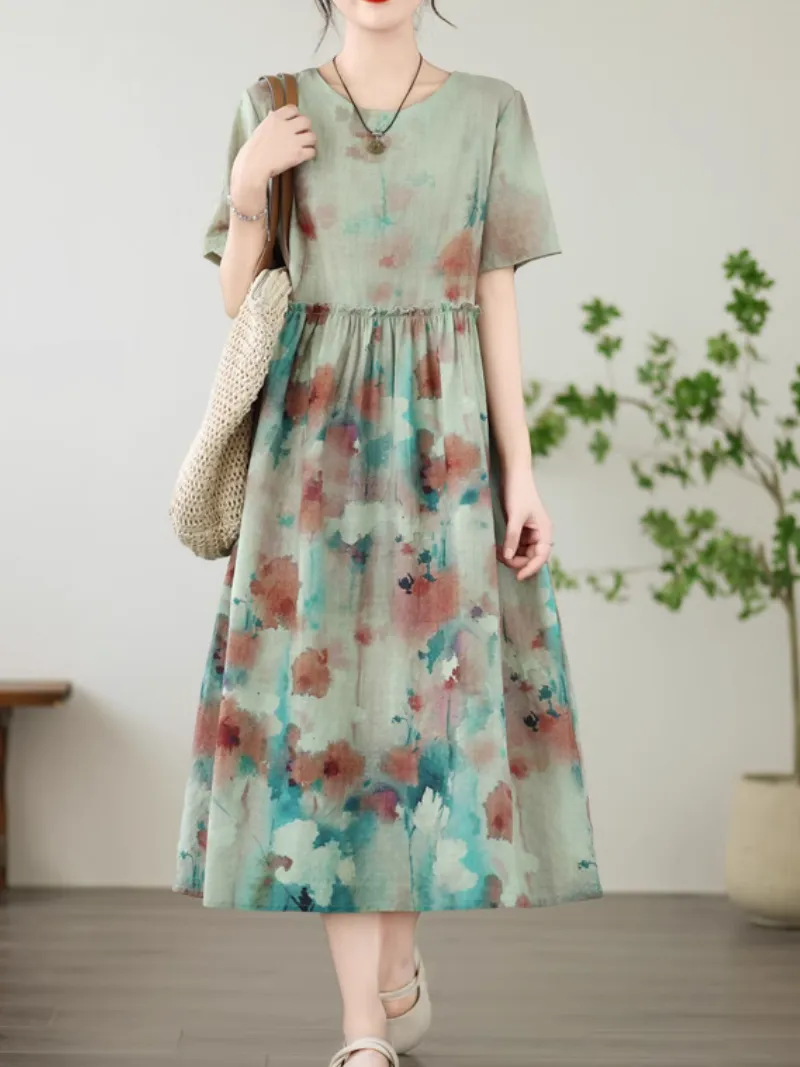 Women's Stylish and Versatile  Printed Mid-Length Loose A-Line Dress