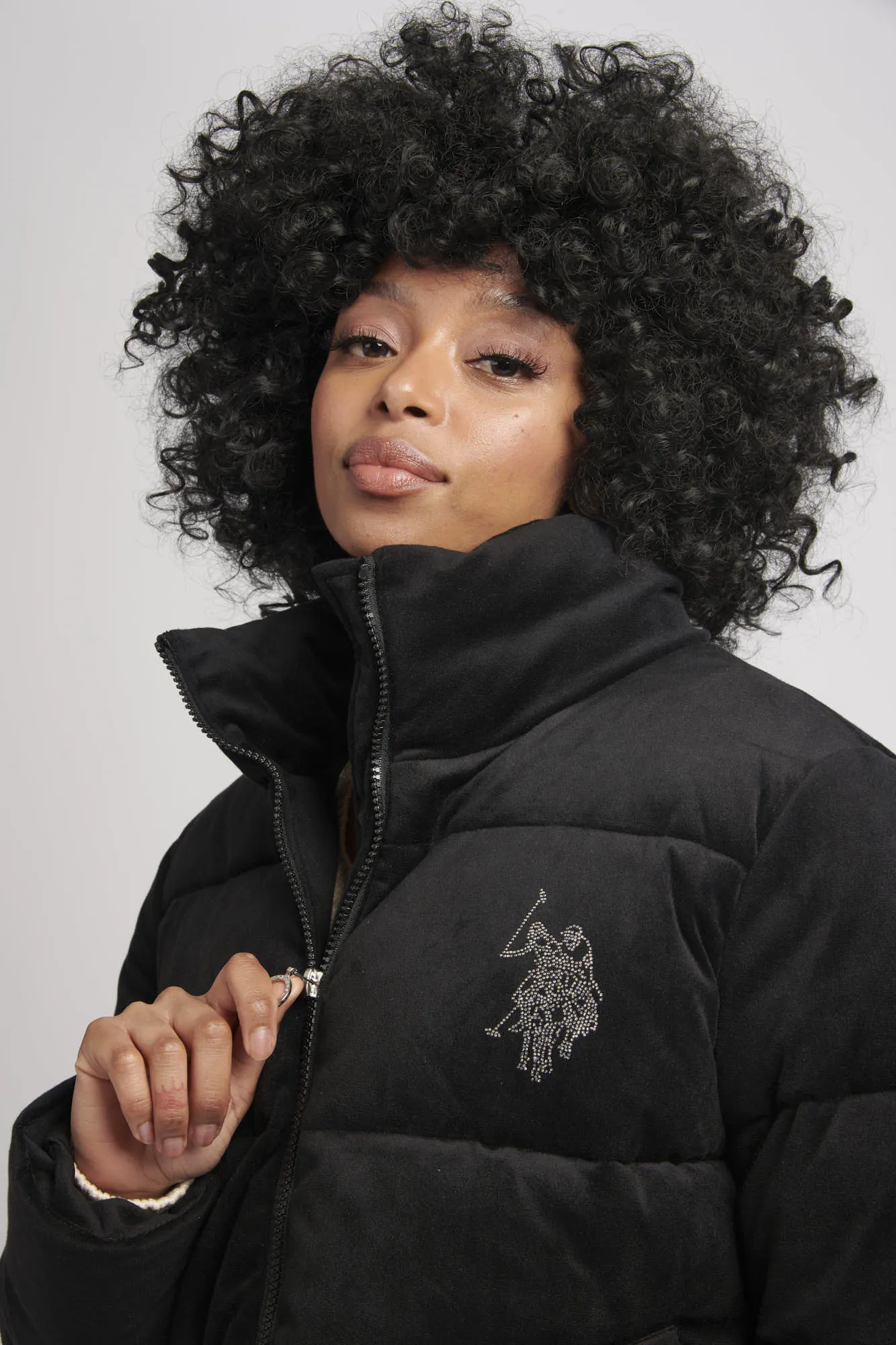 Womens Velour Diamante Puffer Jacket in Black